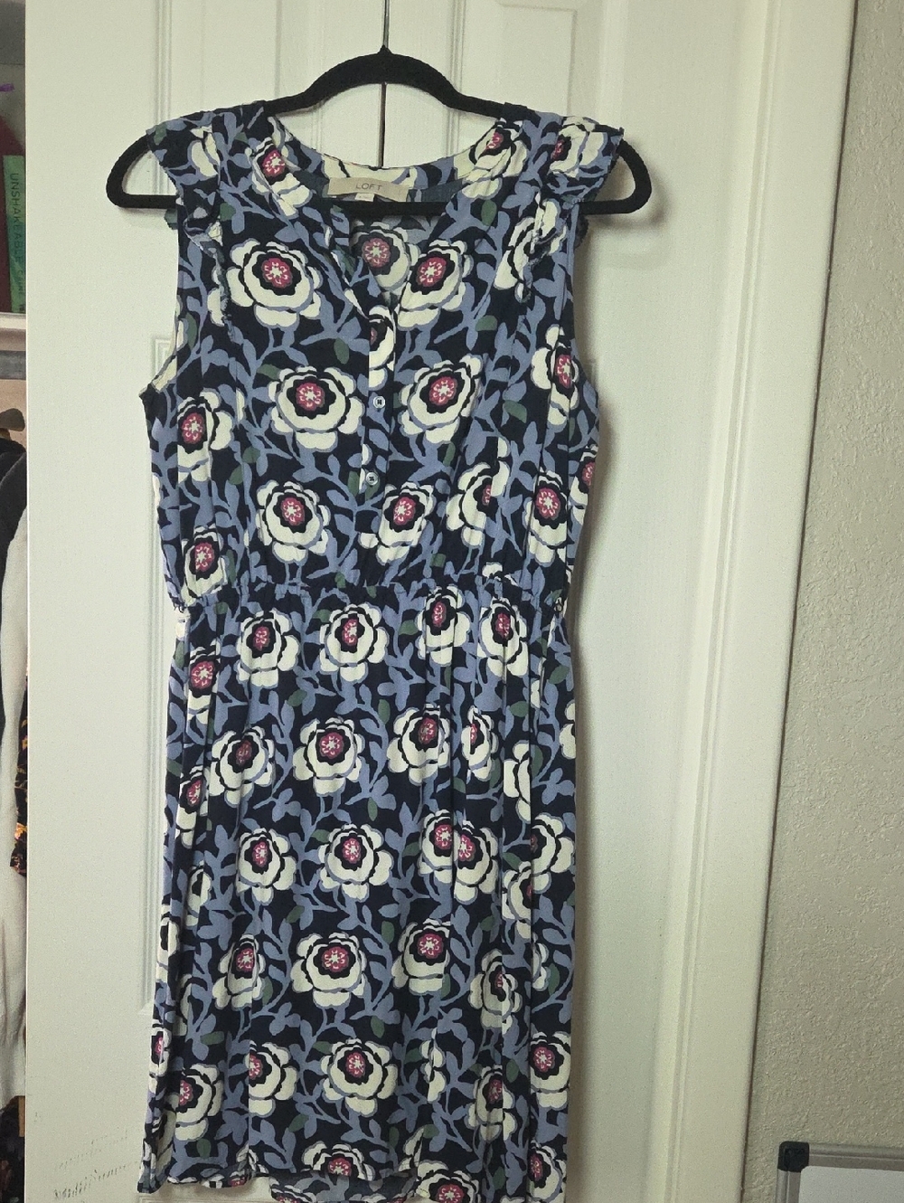LOFT Navy Floral Sleeveless Midi Dress with Pink Accents